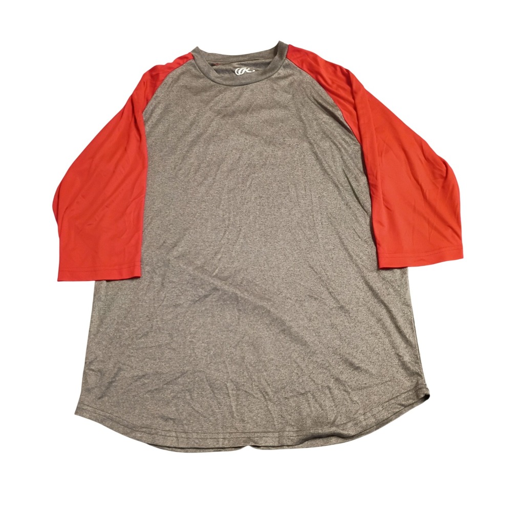 Rawlings Raglan Baseball Tee Mens Large Gray Red 3/4 Sleeve Athletic Shirt